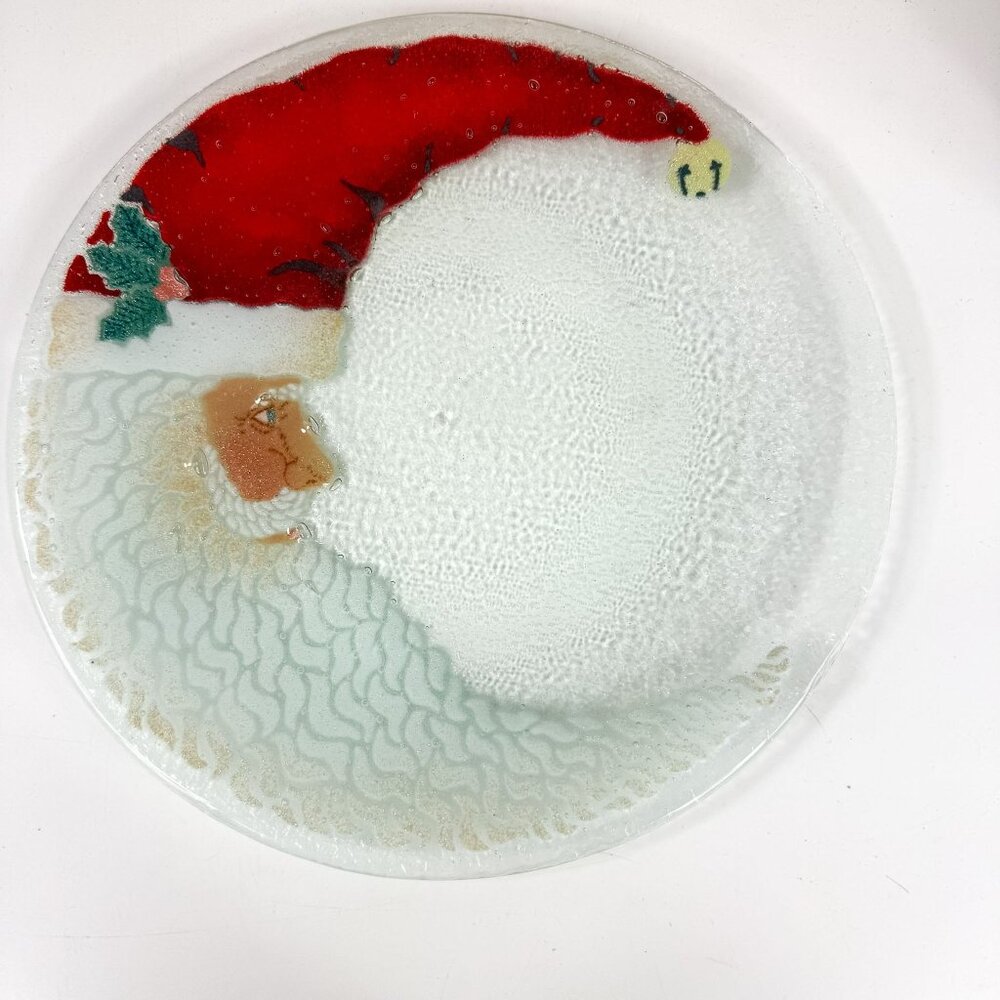 Peggy Karr Santa Crescent Moon Face Fused Art Glass Plate 11.25"